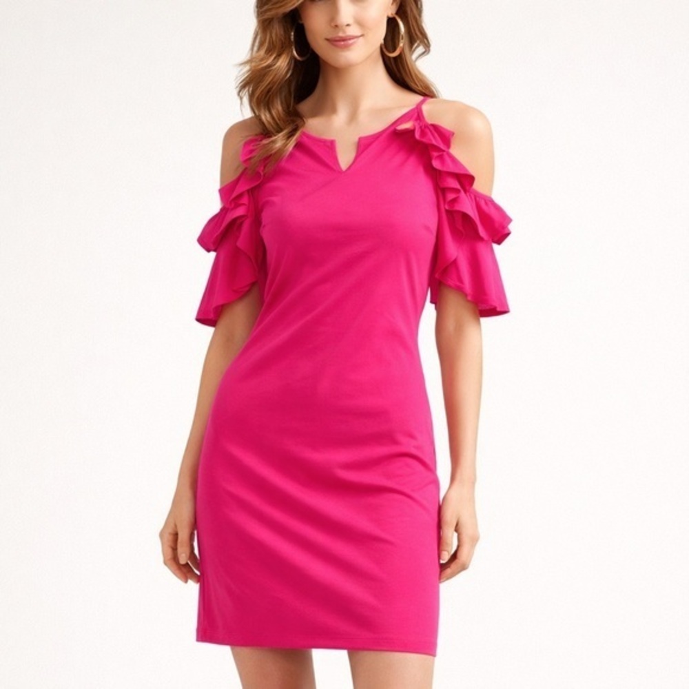 Ann Taylor Hot Pink Ruffle Cold Shoulder Shift Dress Size 0 NWT